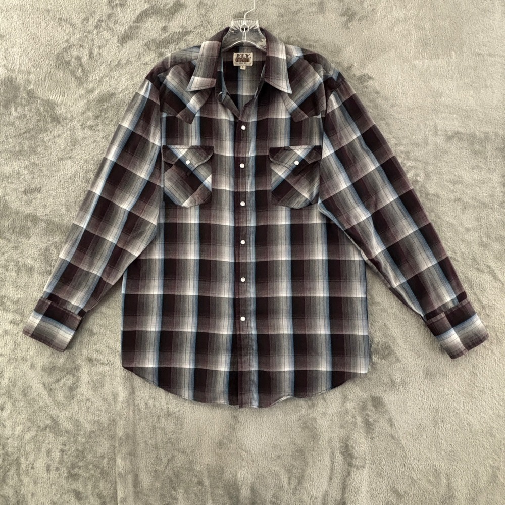 Ely Cattleman Western Pearl Snap‎ Shirt Mens L Plaid Long Sleeve Brown Blue Vtg
